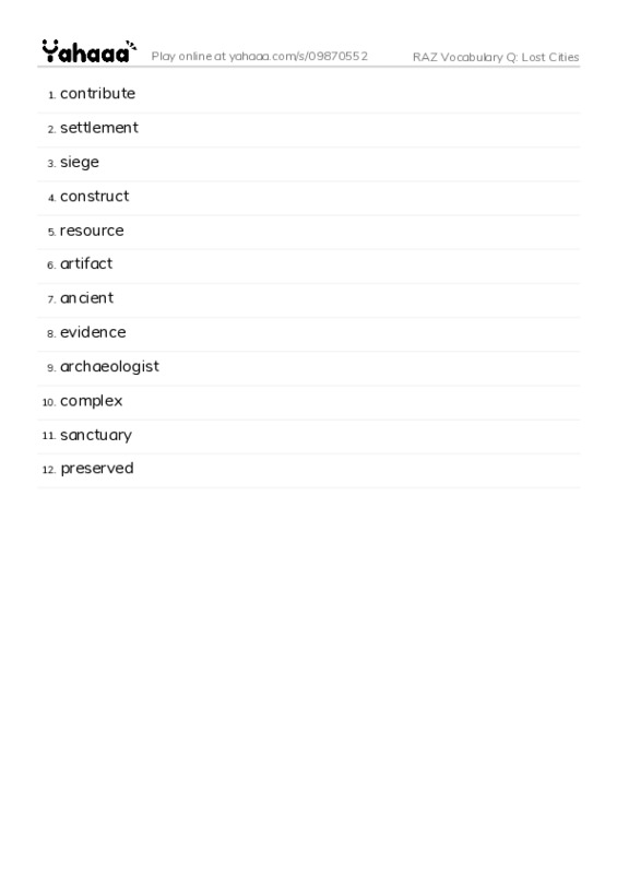 RAZ Vocabulary Q: Lost Cities PDF words glossary