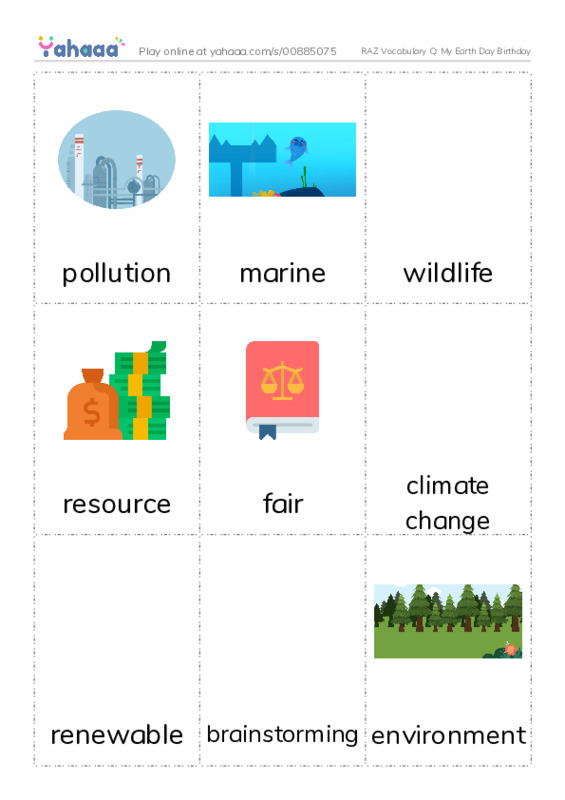 RAZ Vocabulary Q: My Earth Day Birthday PDF flaschards with images