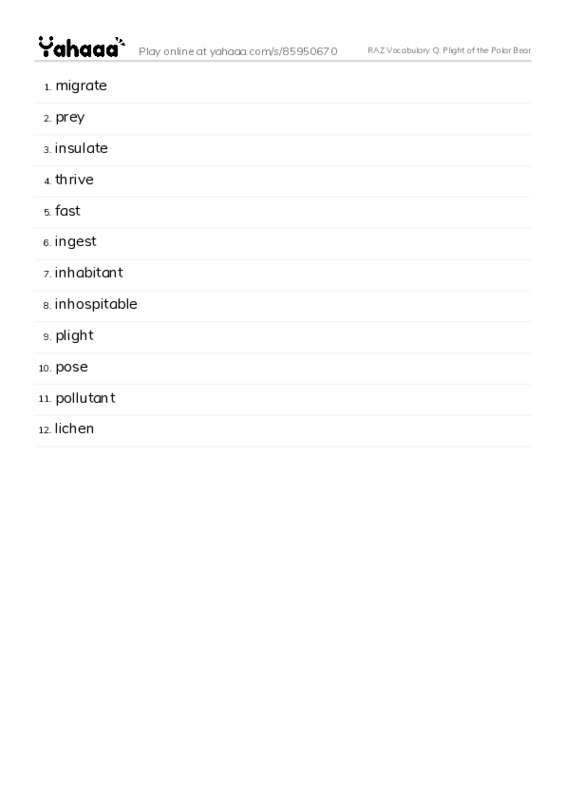 RAZ Vocabulary Q: Plight of the Polar Bear PDF words glossary