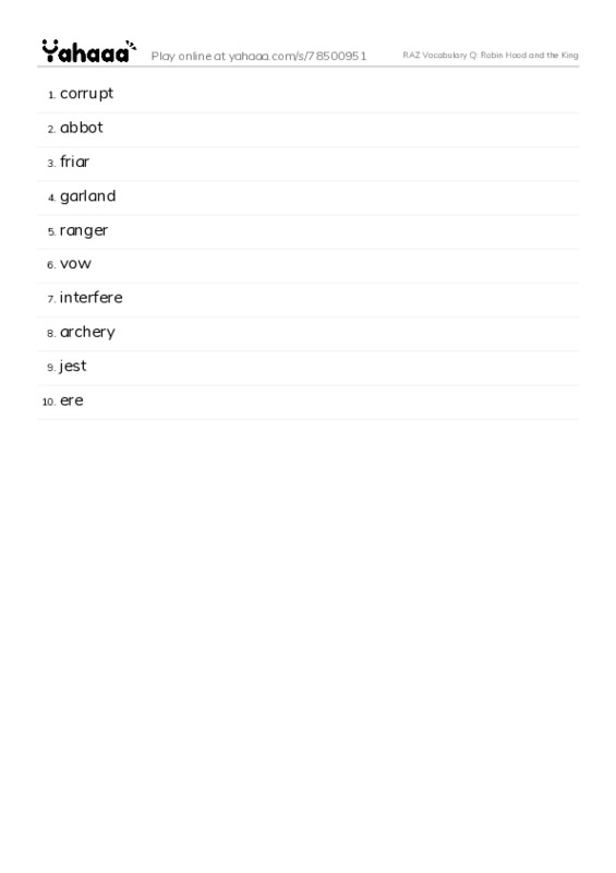RAZ Vocabulary Q: Robin Hood and the King PDF words glossary