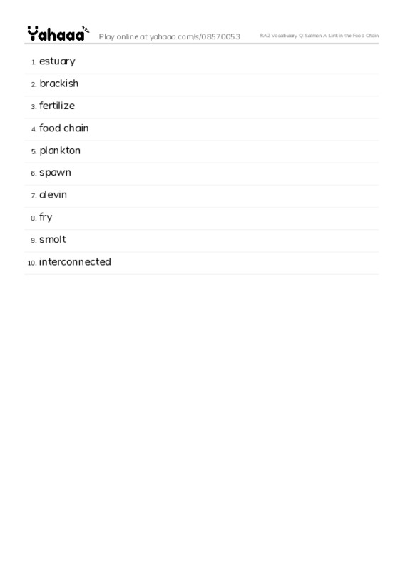RAZ Vocabulary Q: Salmon A Link in the Food Chain PDF words glossary