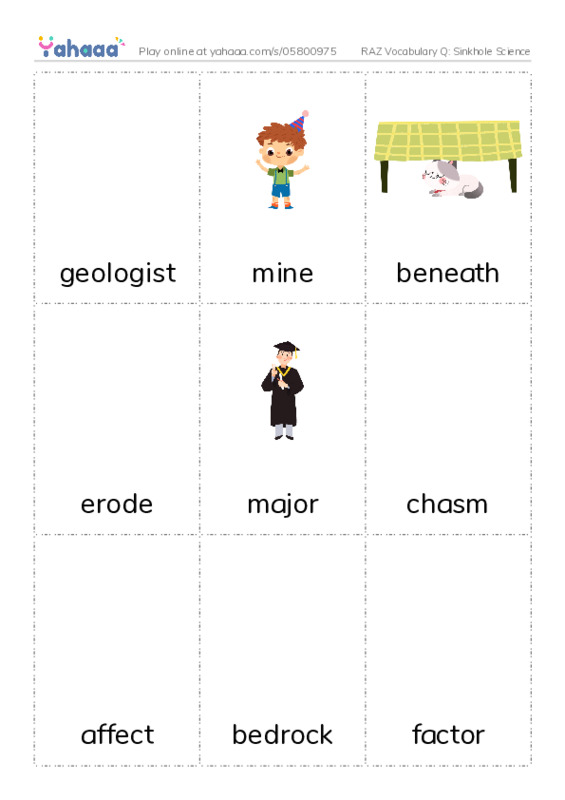 RAZ Vocabulary Q: Sinkhole Science PDF flaschards with images