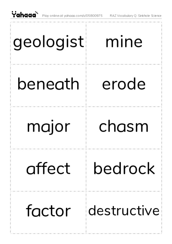 RAZ Vocabulary Q: Sinkhole Science PDF two columns flashcards