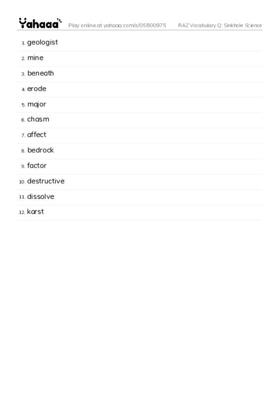 RAZ Vocabulary Q: Sinkhole Science PDF words glossary