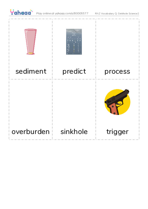 RAZ Vocabulary Q: Sinkhole Science2 PDF flaschards with images