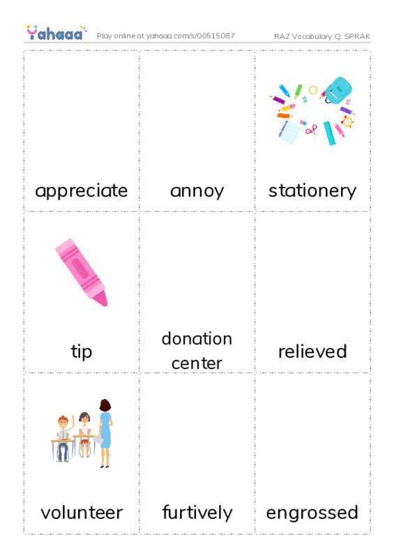 RAZ Vocabulary Q: SPRAK PDF flaschards with images