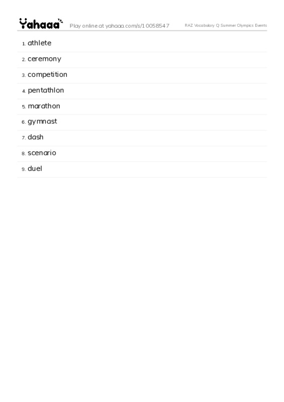 RAZ Vocabulary Q: Summer Olympics Events PDF words glossary