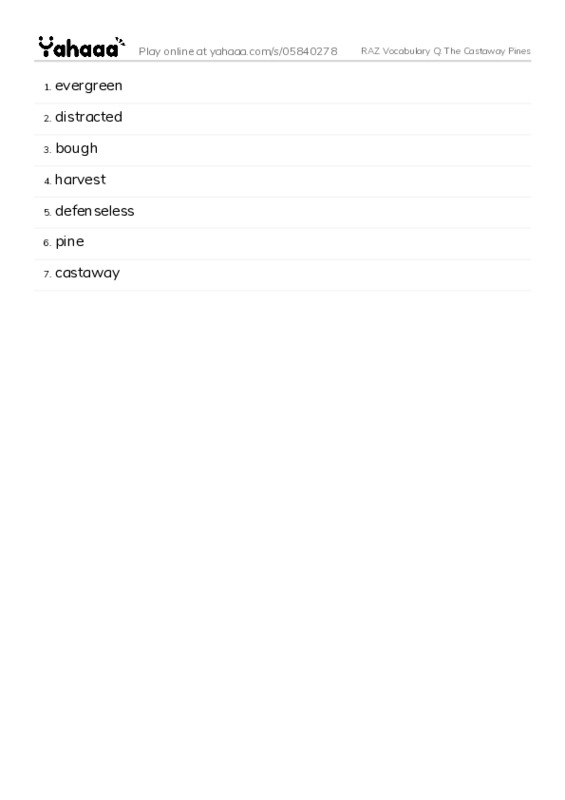 RAZ Vocabulary Q: The Castaway Pines PDF words glossary