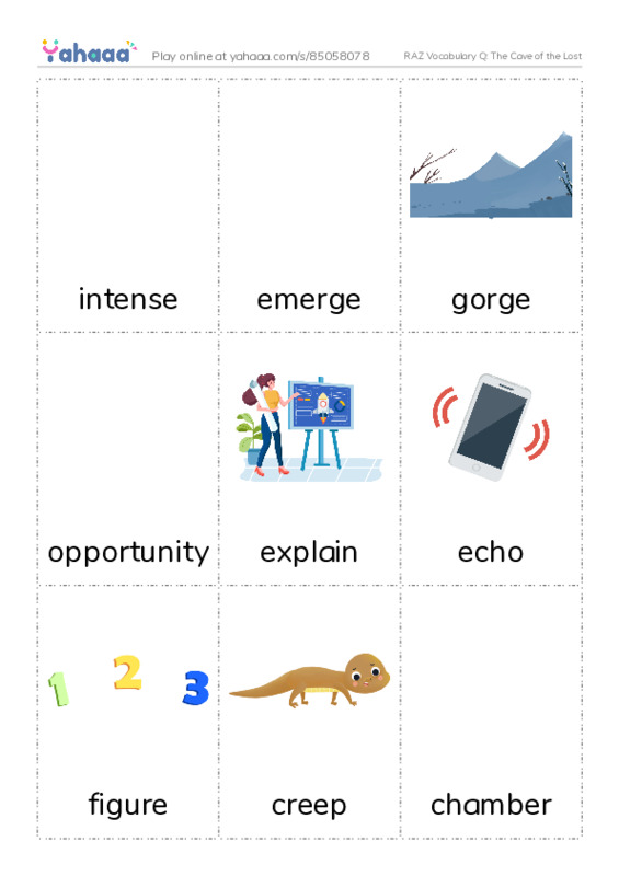 RAZ Vocabulary Q: The Cave of the Lost PDF flaschards with images