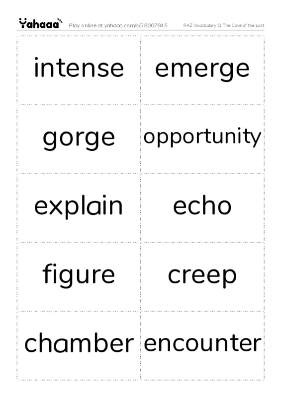 RAZ Vocabulary Q: The Cave of the Lost PDF two columns flashcards