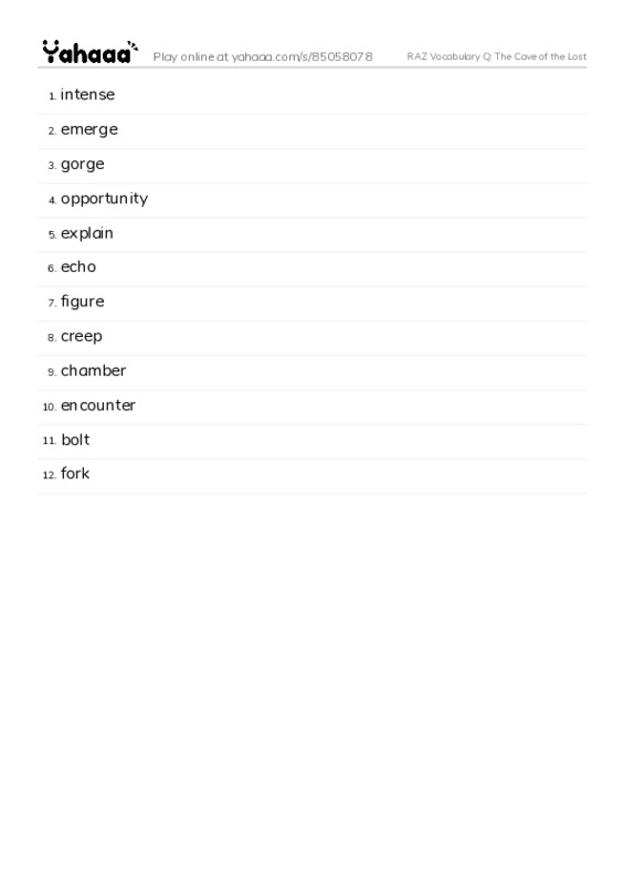RAZ Vocabulary Q: The Cave of the Lost PDF words glossary