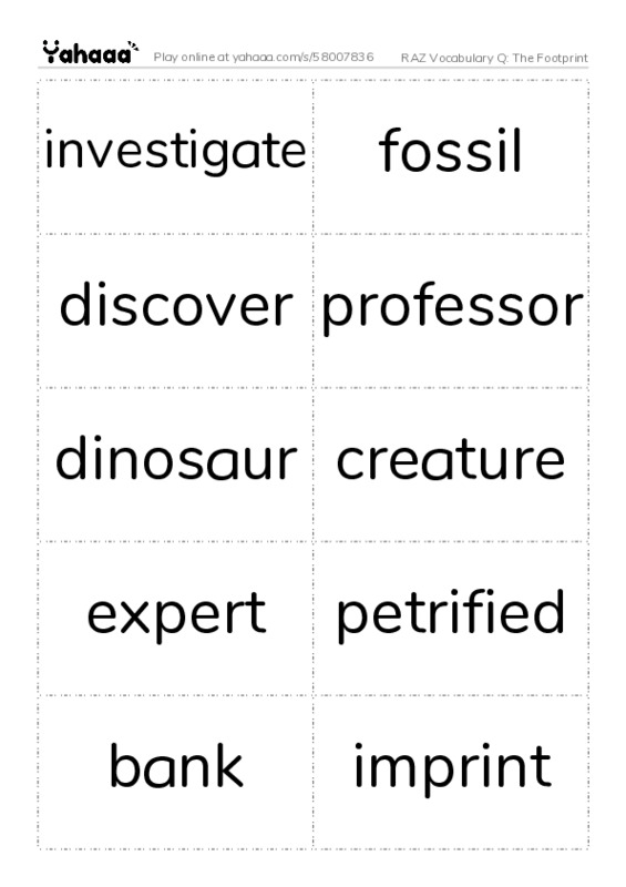 RAZ Vocabulary Q: The Footprint PDF two columns flashcards