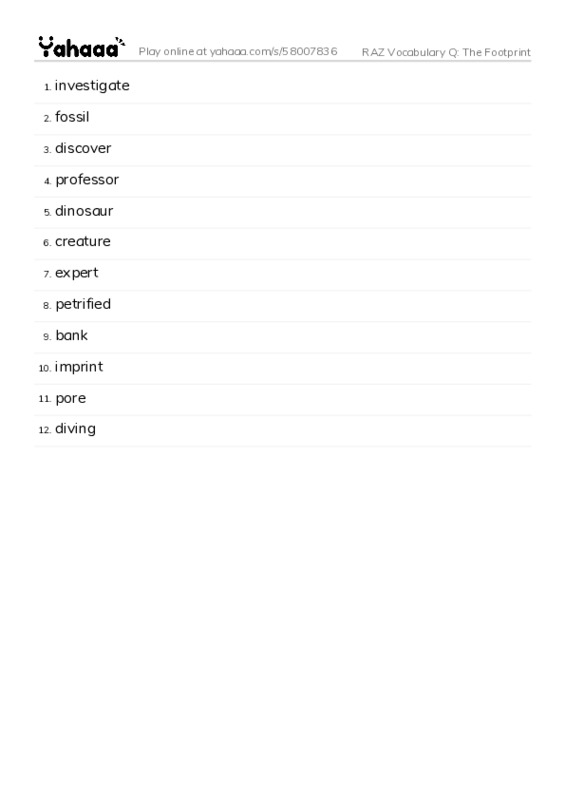 RAZ Vocabulary Q: The Footprint PDF words glossary