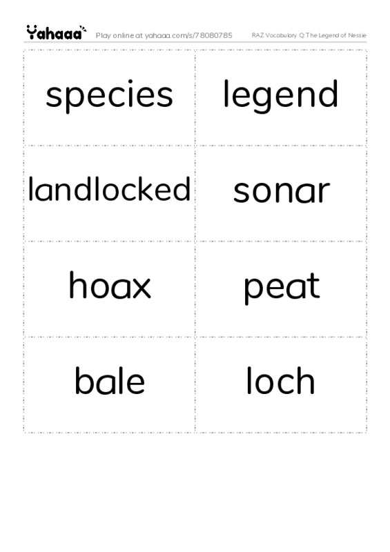 RAZ Vocabulary Q: The Legend of Nessie PDF two columns flashcards