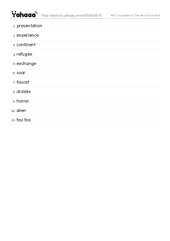 RAZ Vocabulary Q: The New Soccer Ball PDF words glossary