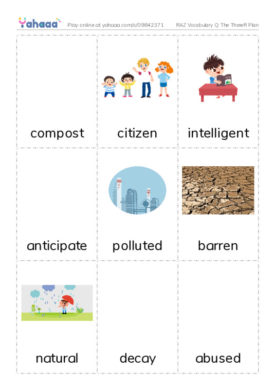 RAZ Vocabulary Q: The ThreeR Plan PDF flaschards with images