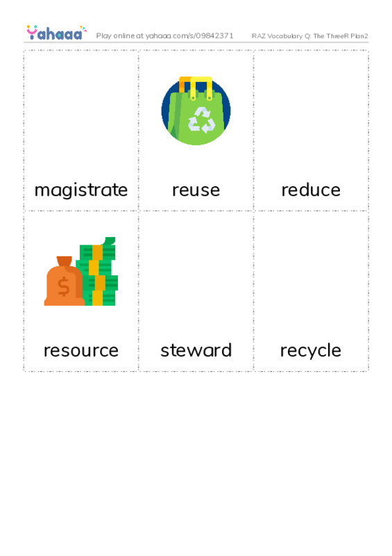 RAZ Vocabulary Q: The ThreeR Plan2 PDF flaschards with images