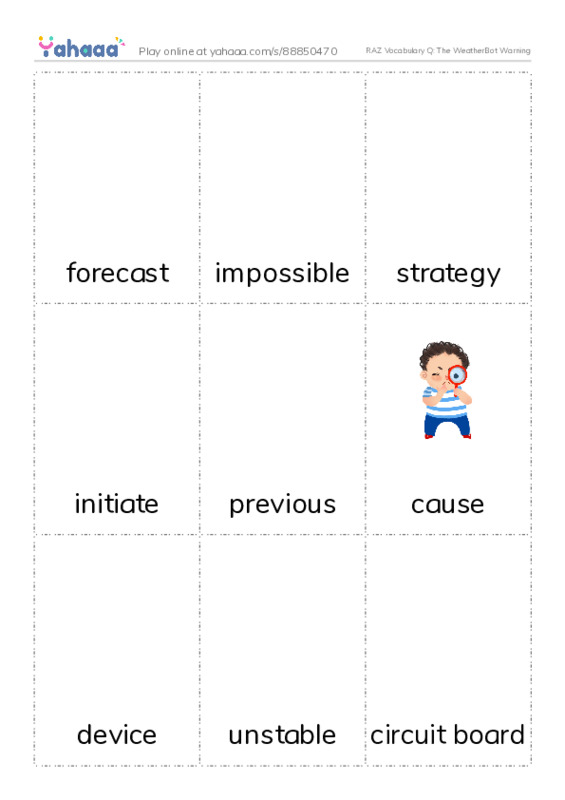 RAZ Vocabulary Q: The WeatherBot Warning PDF flaschards with images
