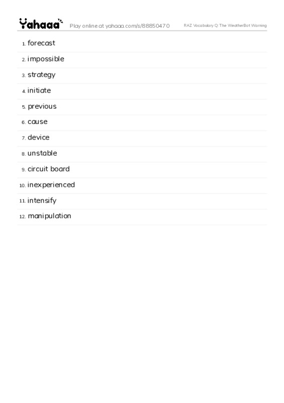 RAZ Vocabulary Q: The WeatherBot Warning PDF words glossary