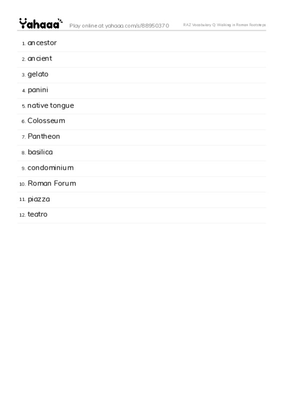 RAZ Vocabulary Q: Walking in Roman Footsteps PDF words glossary