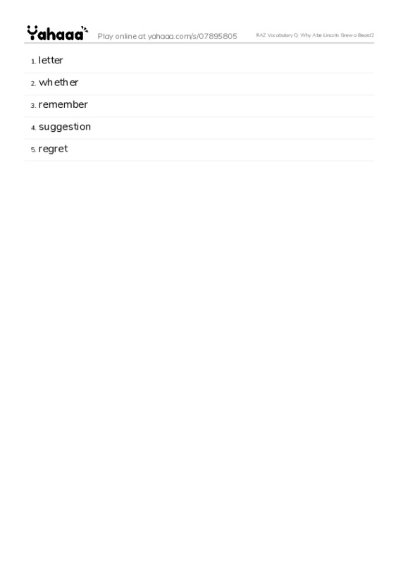 RAZ Vocabulary Q: Why Abe Lincoln Grew a Beard2 PDF words glossary
