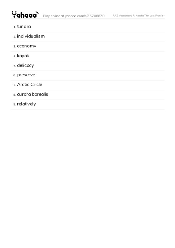 RAZ Vocabulary R: Alaska The Last Frontier PDF words glossary