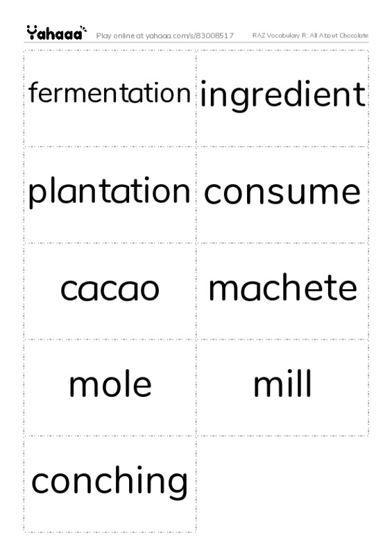 RAZ Vocabulary R: All About Chocolate PDF two columns flashcards