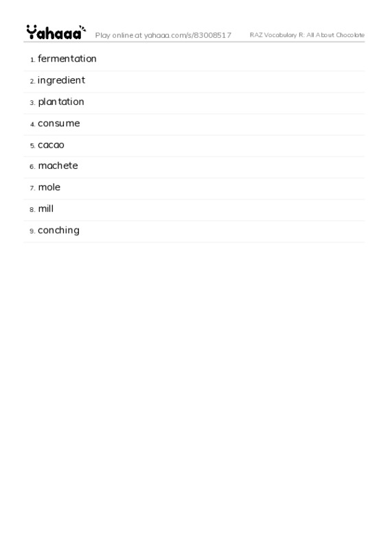 RAZ Vocabulary R: All About Chocolate PDF words glossary