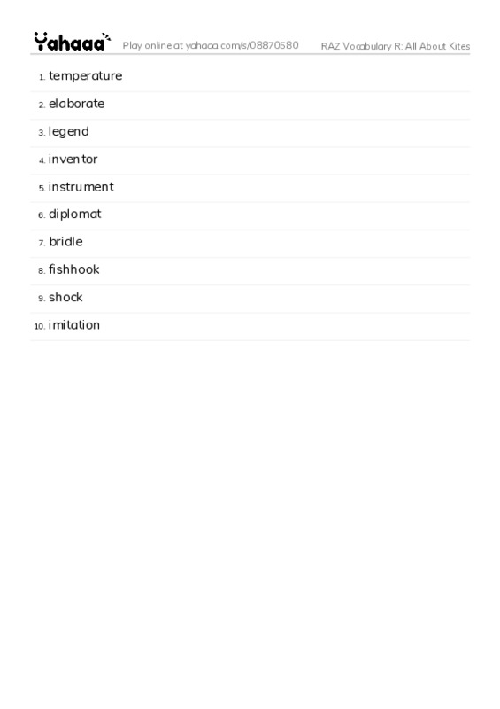 RAZ Vocabulary R: All About Kites PDF words glossary