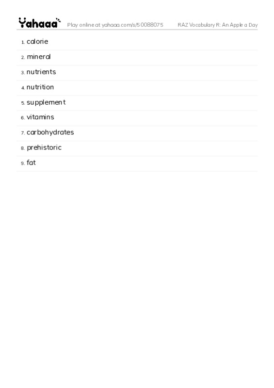 RAZ Vocabulary R: An Apple a Day PDF words glossary