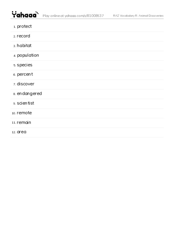 RAZ Vocabulary R: Animal Discoveries PDF words glossary