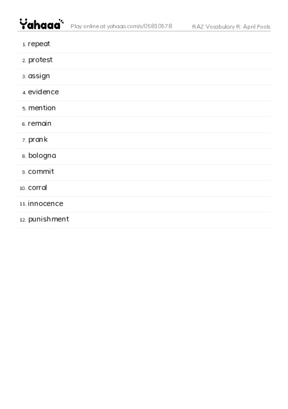 RAZ Vocabulary R: April Fools PDF words glossary