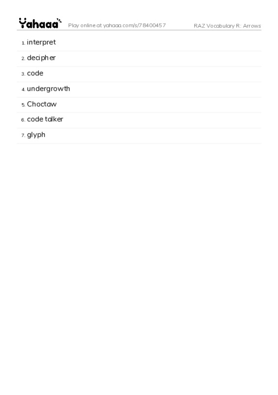 RAZ Vocabulary R: Arrows PDF words glossary