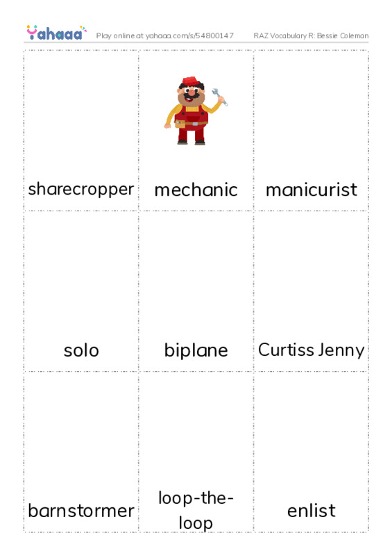 RAZ Vocabulary R: Bessie Coleman PDF flaschards with images