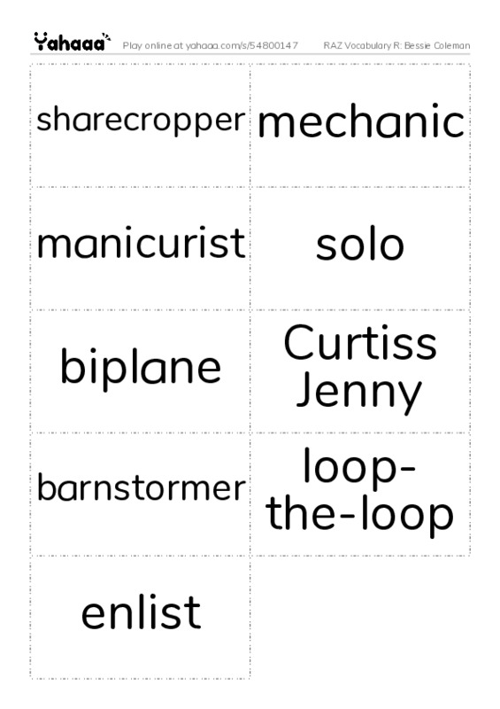 RAZ Vocabulary R: Bessie Coleman PDF two columns flashcards