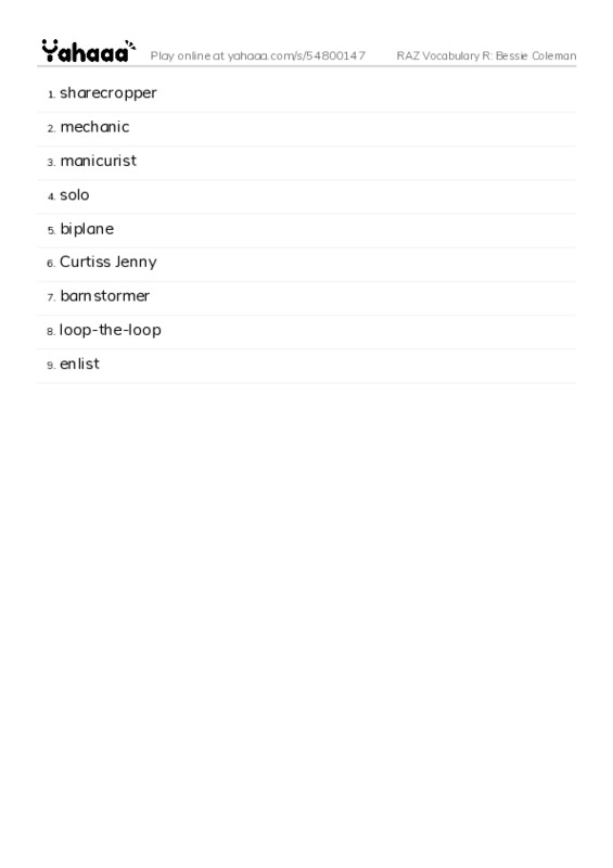 RAZ Vocabulary R: Bessie Coleman PDF words glossary