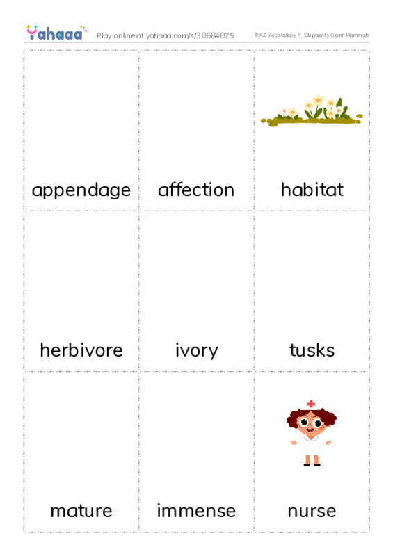 RAZ Vocabulary R: Elephants Giant Mammals PDF flaschards with images