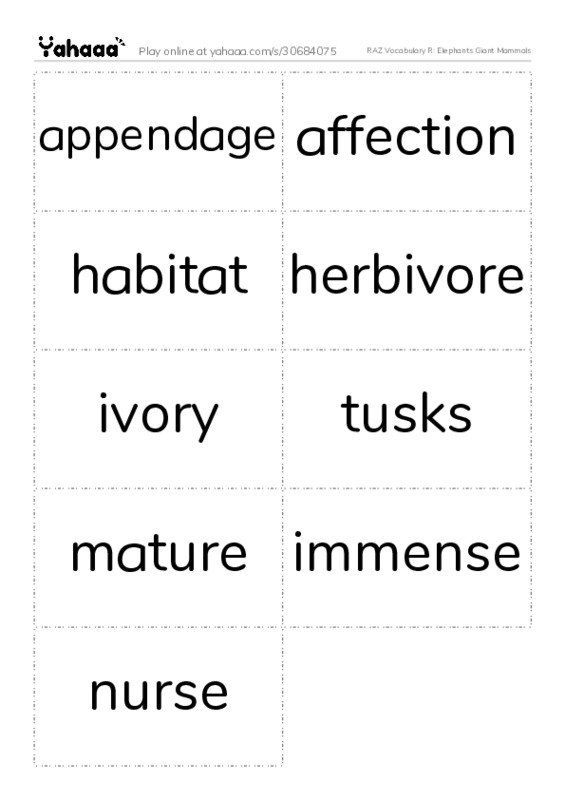 RAZ Vocabulary R: Elephants Giant Mammals PDF two columns flashcards