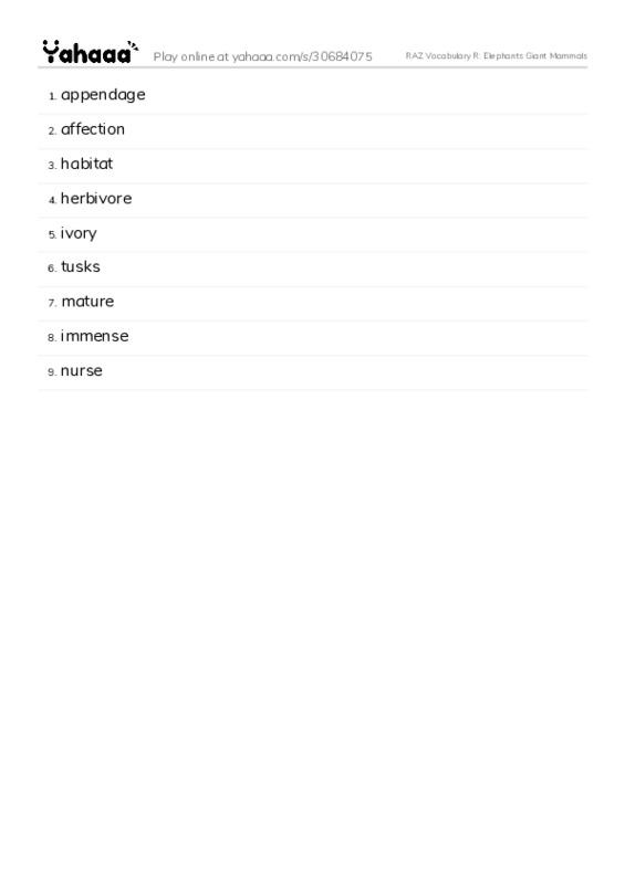 RAZ Vocabulary R: Elephants Giant Mammals PDF words glossary
