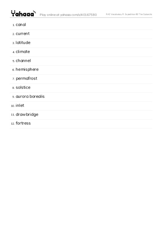 RAZ Vocabulary R: Expedition 60 The Subarctic PDF words glossary