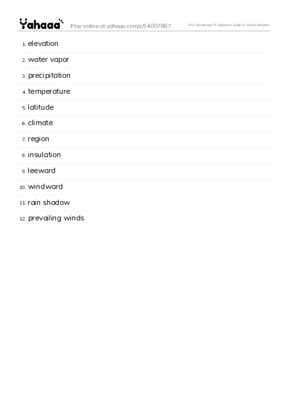 RAZ Vocabulary R: Explorers Guide to World Weather PDF words glossary