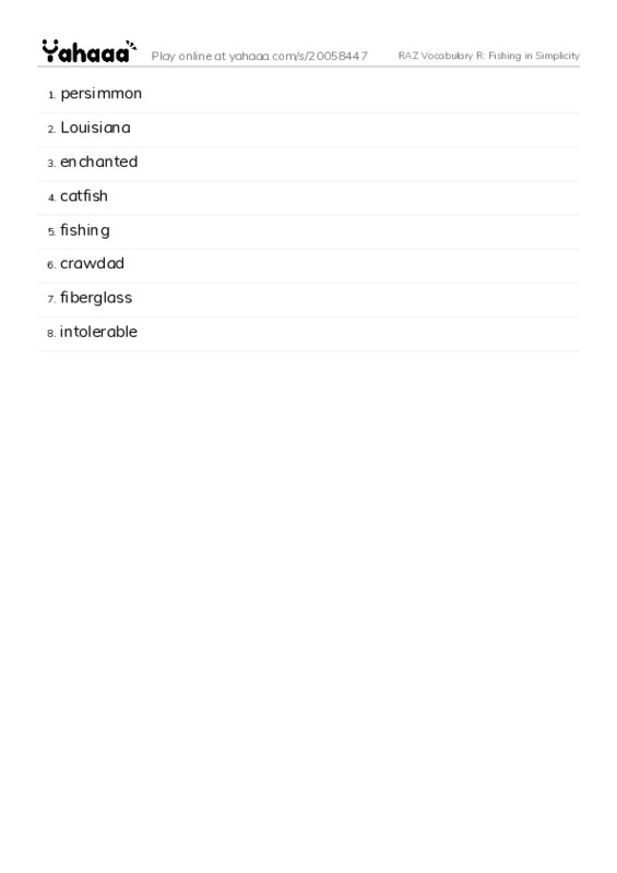 RAZ Vocabulary R: Fishing in Simplicity PDF words glossary