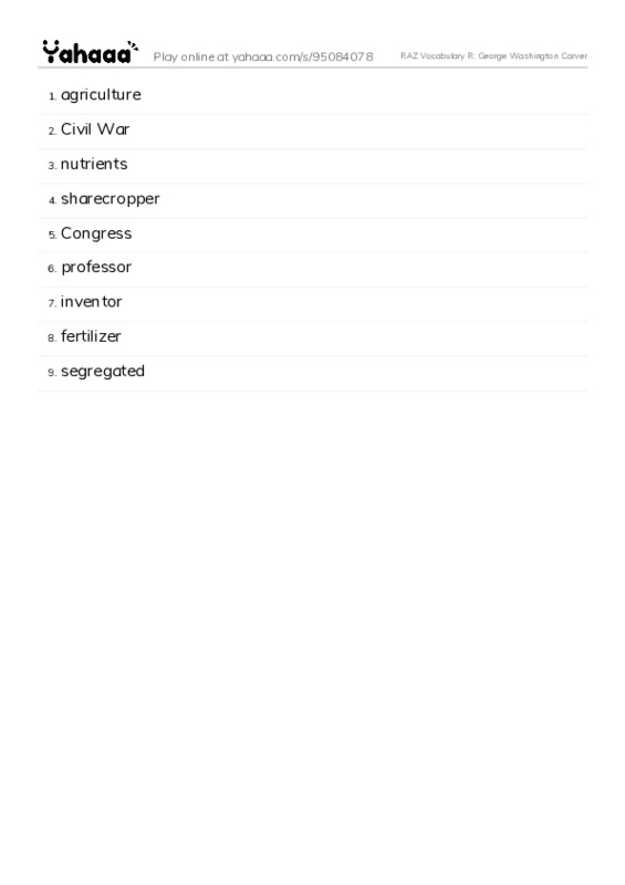 RAZ Vocabulary R: George Washington Carver PDF words glossary