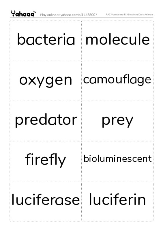 RAZ Vocabulary R: GlowintheDark Animals PDF two columns flashcards