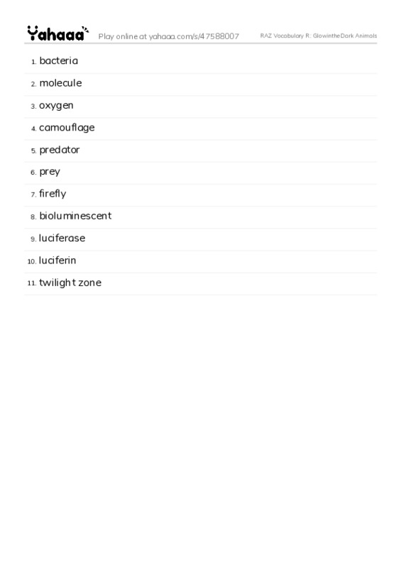 RAZ Vocabulary R: GlowintheDark Animals PDF words glossary