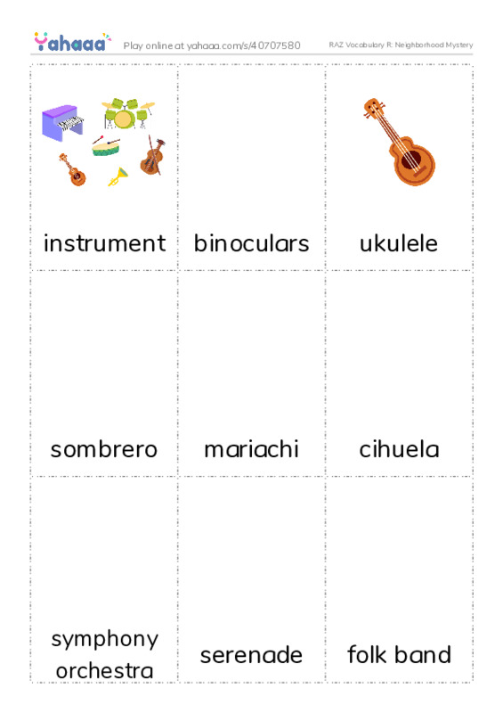 RAZ Vocabulary R: Neighborhood Mystery PDF flaschards with images