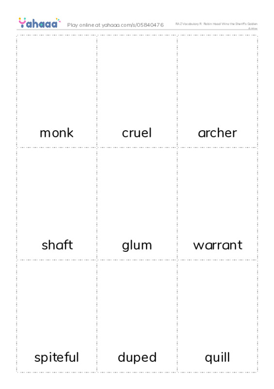 RAZ Vocabulary R: Robin Hood Wins the Sheriffs Golden Arrow PDF flaschards with images