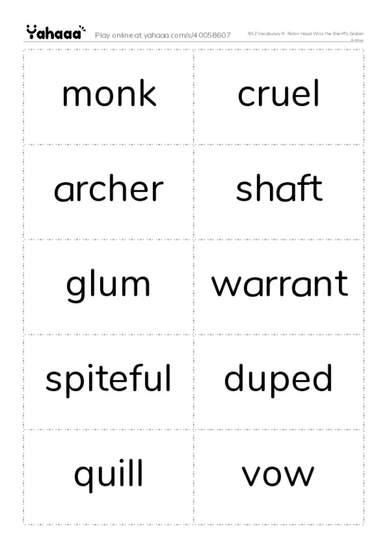 RAZ Vocabulary R: Robin Hood Wins the Sheriffs Golden Arrow PDF two columns flashcards