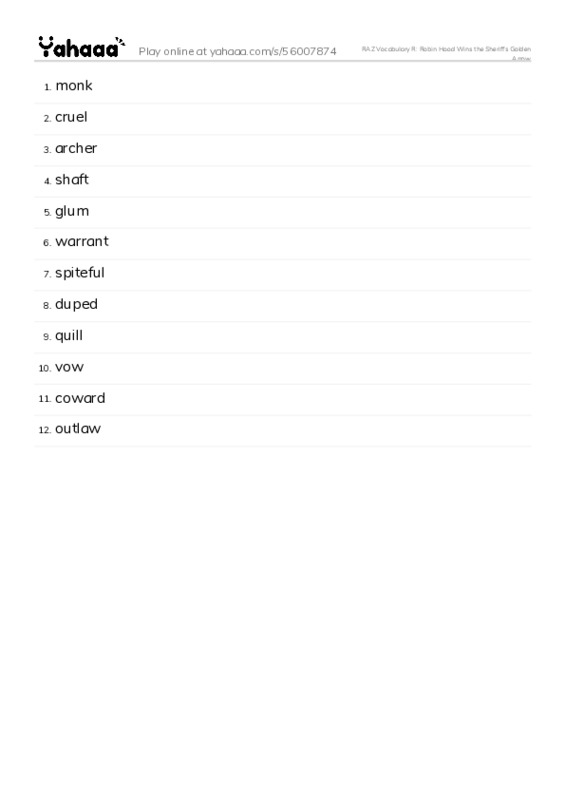 RAZ Vocabulary R: Robin Hood Wins the Sheriffs Golden Arrow PDF words glossary