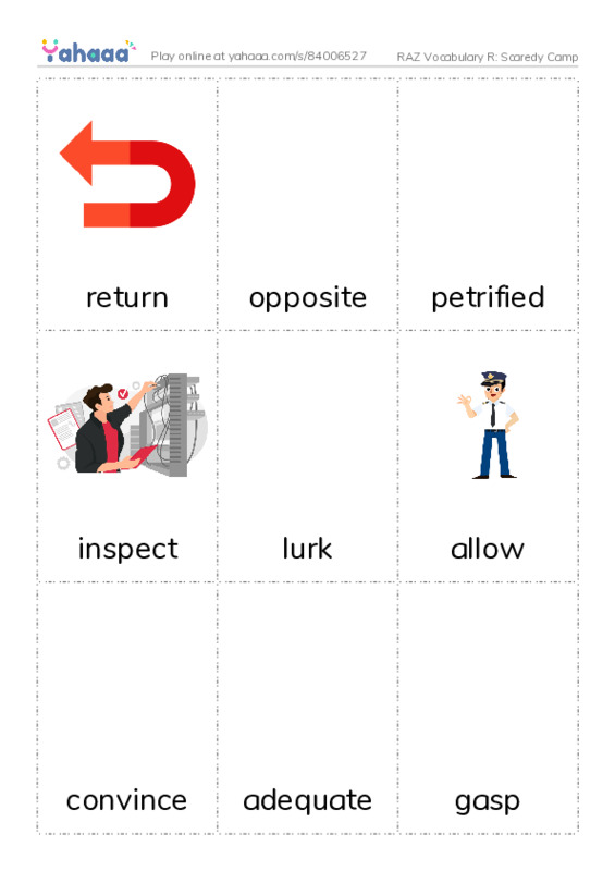 RAZ Vocabulary R: Scaredy Camp PDF flaschards with images